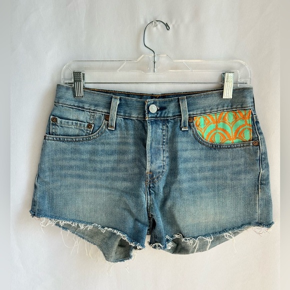 Levi's Denim - Levi's denim cut-off shorts with unique orange and teal pocket pattern